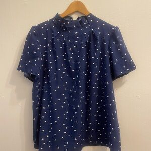 Navy Blue Blouse with White Heart Pattern